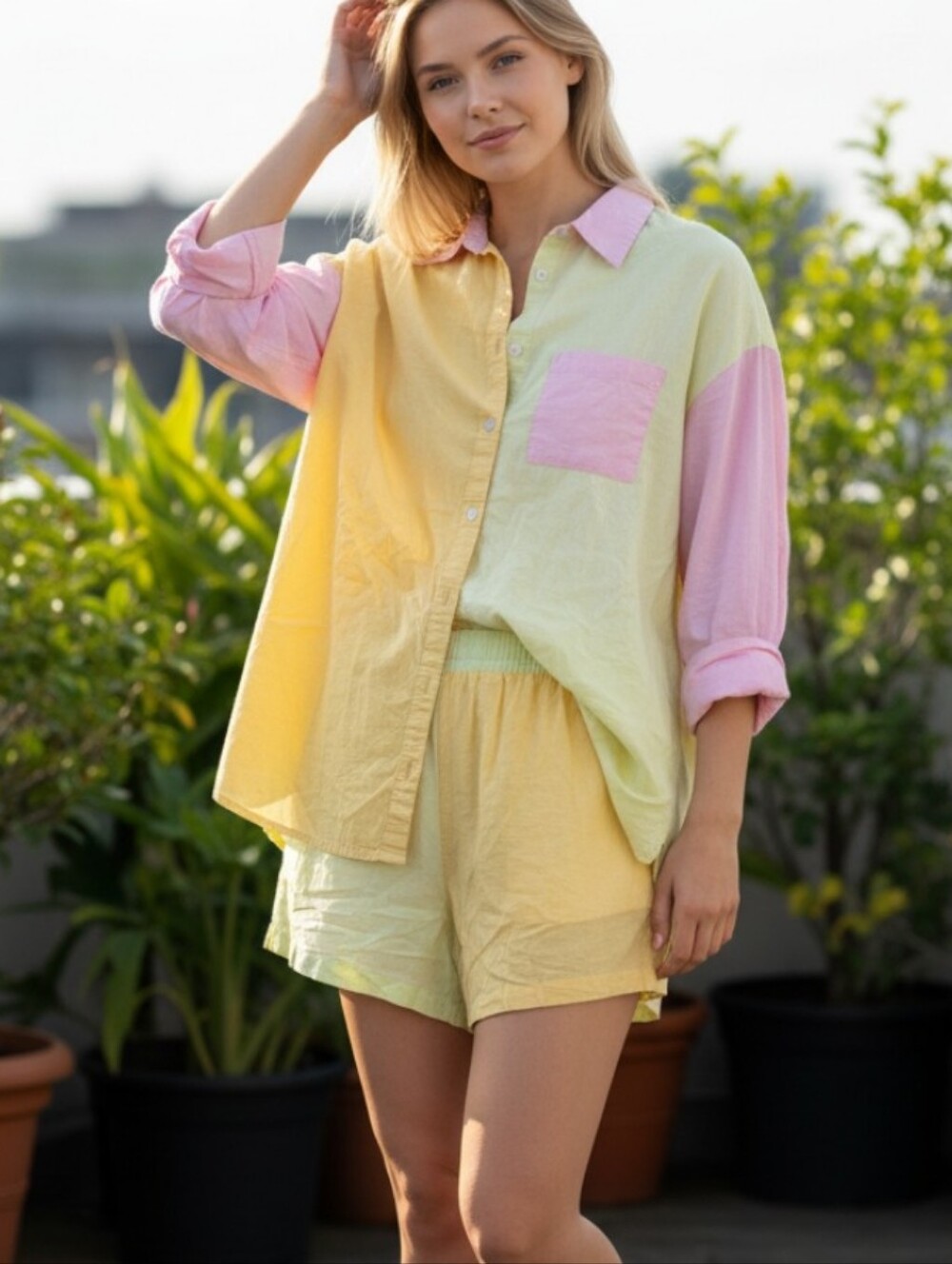 Its Now Cool Pastel Colorblock Button-Up Shirt And Matching Shorts Set Size XL